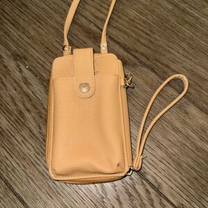Tan wristlet/crossbody with phone holder